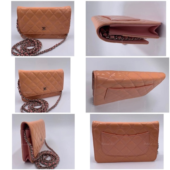 Authentic CHANEL Patent Leather Wallet-on-the-chain WOC Flap Bag Peach / pink - Picture 6 of 12